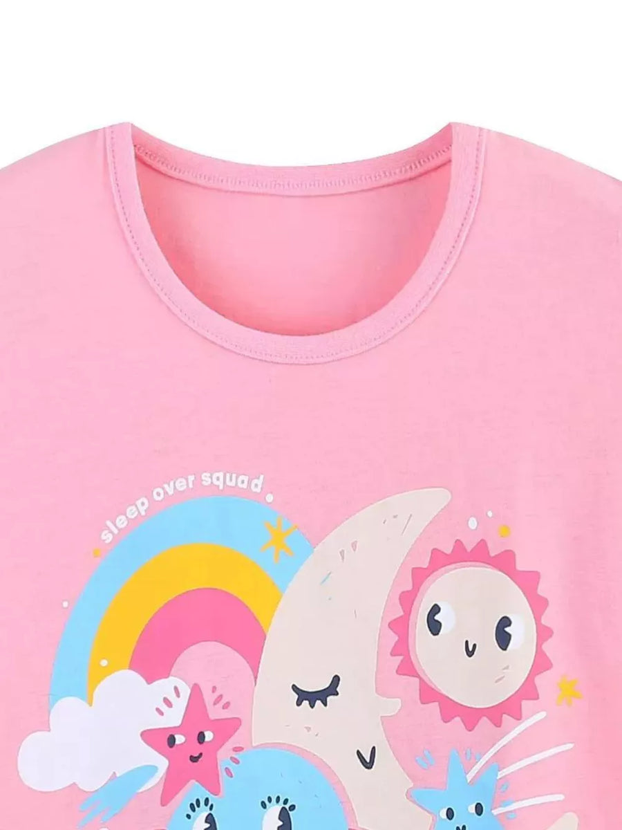 Blush pink cotton t-shirt with sleepover squad graphic, moon, sun, rainbow, and stars.