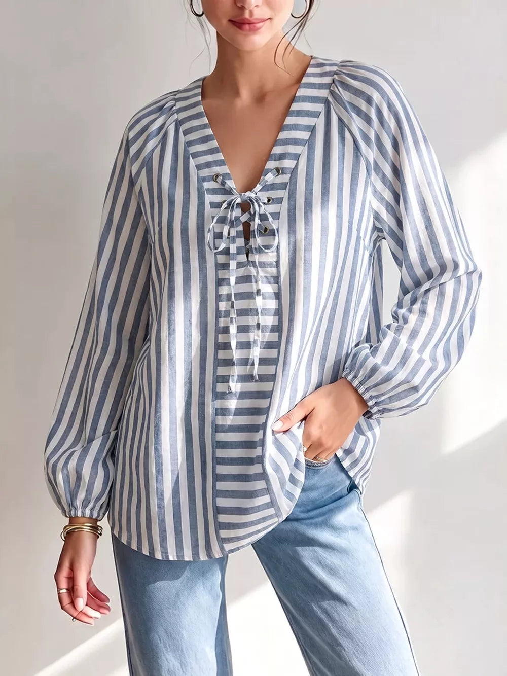 white blouse with striped and v-neck