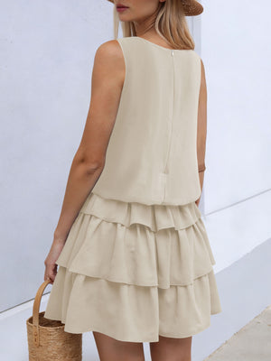 Khaki ruffled tiered mini dress with a zipper back and sleeveless design.