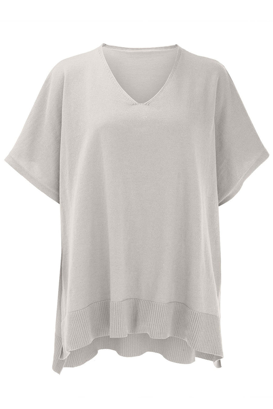Light Gray V-neck knit poncho top with short sleeves and ribbed hem detail.