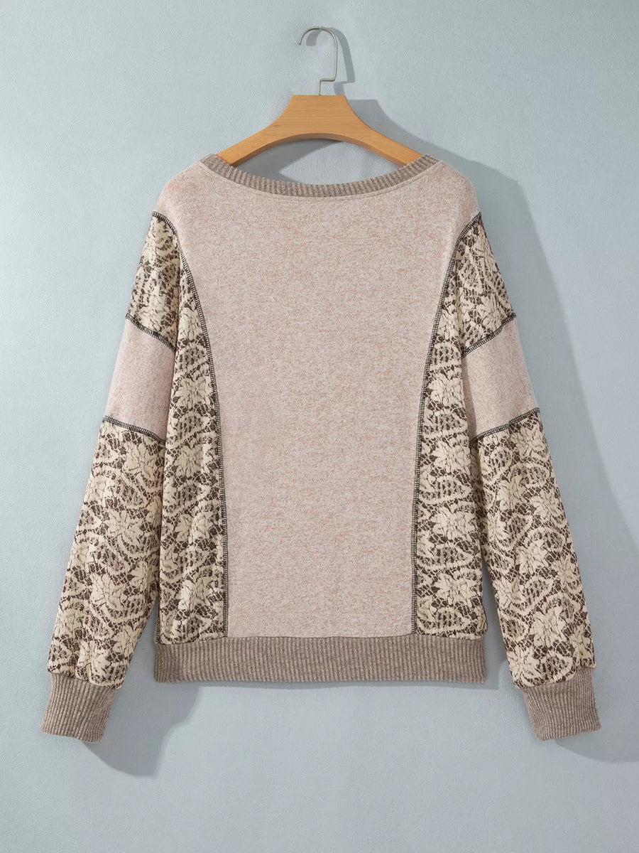 blouse in beige with floral and ribbed cuffs