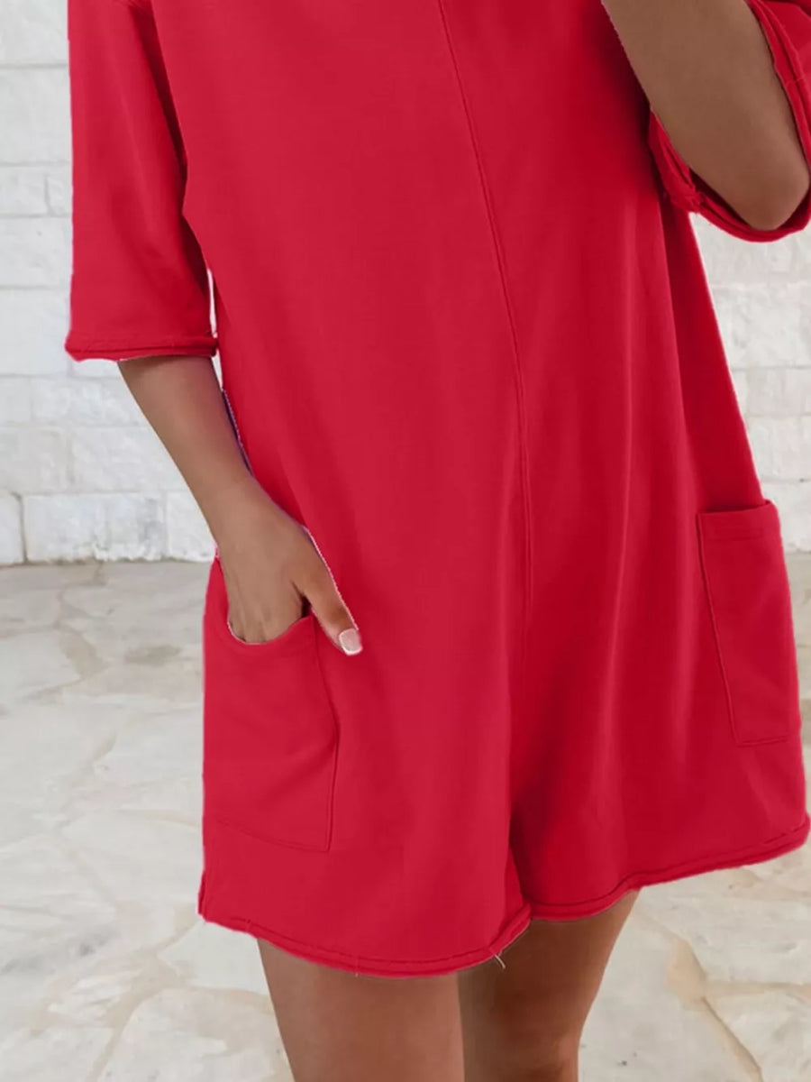 Scarlet cotton romper with half sleeves and dual front pockets, perfect for maternity wear.