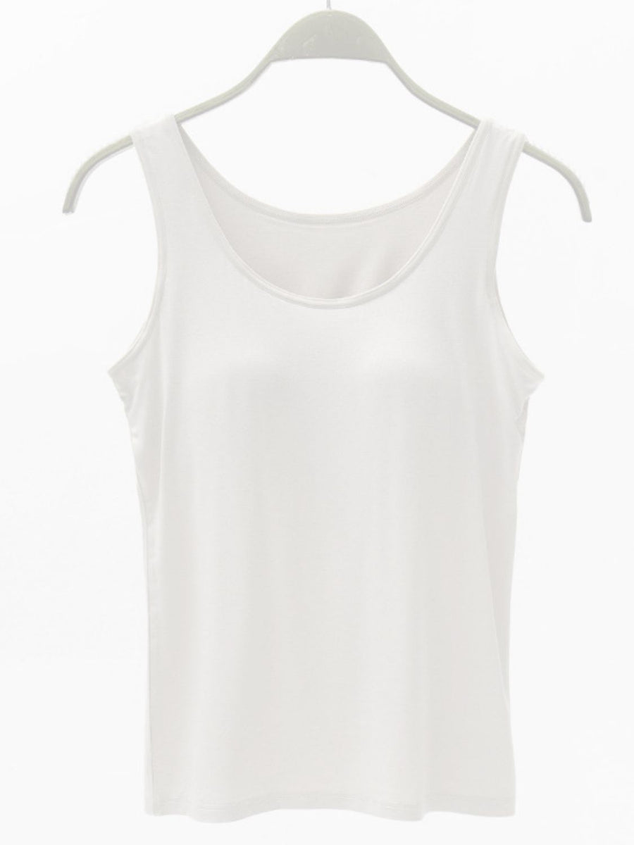 White modal tank top with scoop neck and built-in support