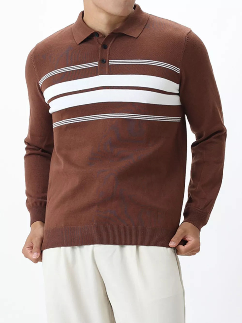 chocolate brown polo shirt with striped and collared