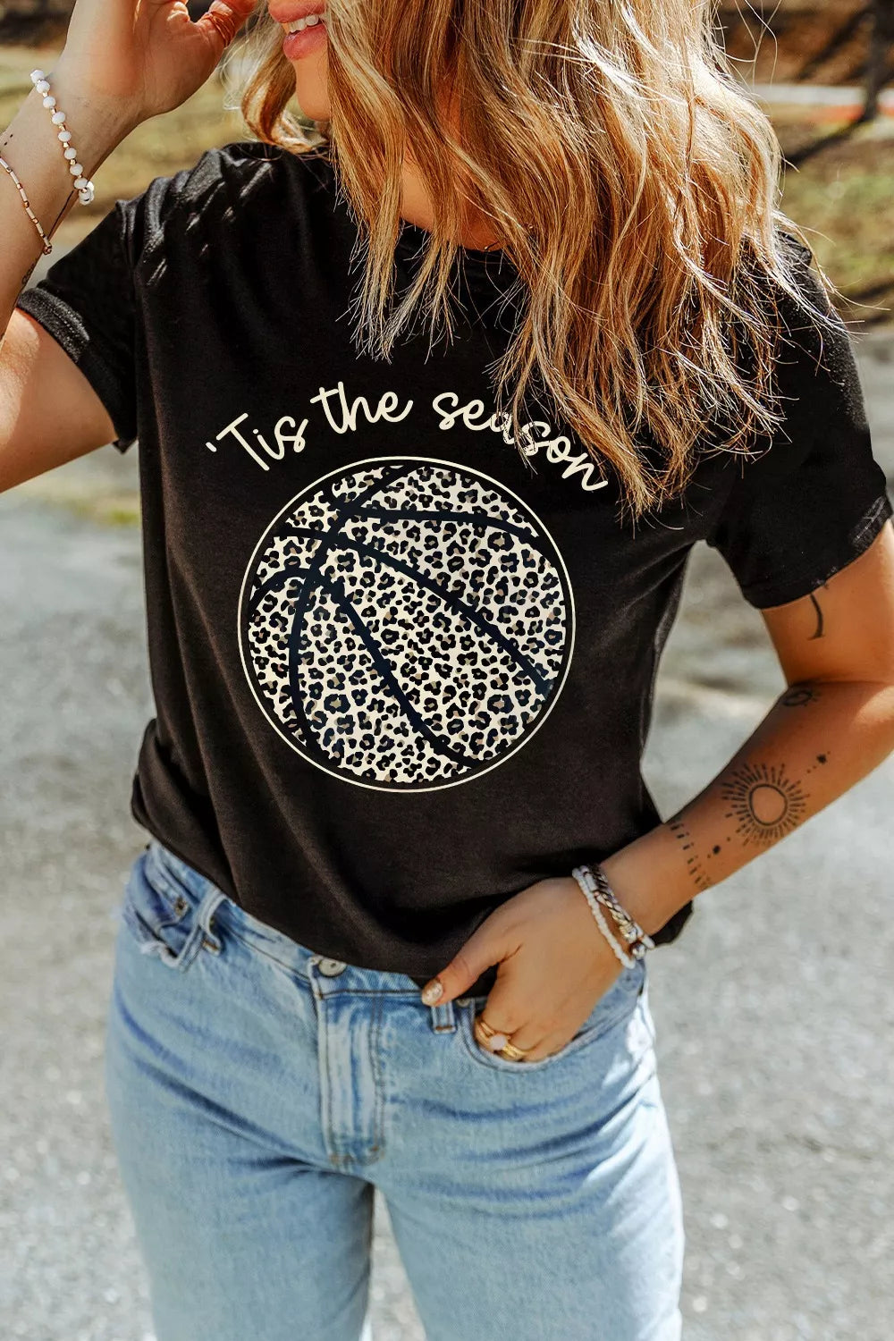 Black polyester t-shirt with leopard print basketball graphic and "Tis the season" text.