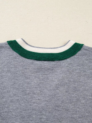 Gray ribbed sweater with green and white striped V-neck collar
