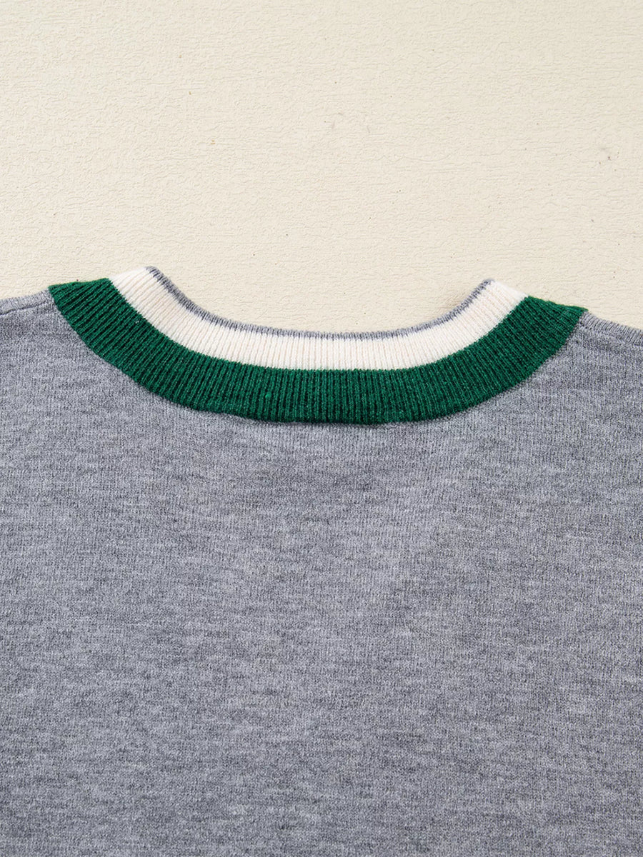 Gray ribbed sweater with green and white striped V-neck collar