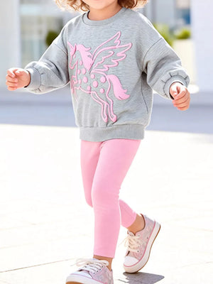 light gray sweatshirt and leggings set with graphic print and crew neck