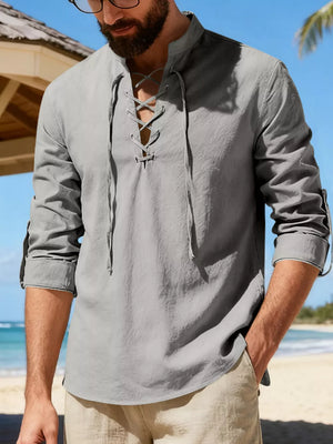 Men's gray linen lace-up casual shirt with rolled sleeves.