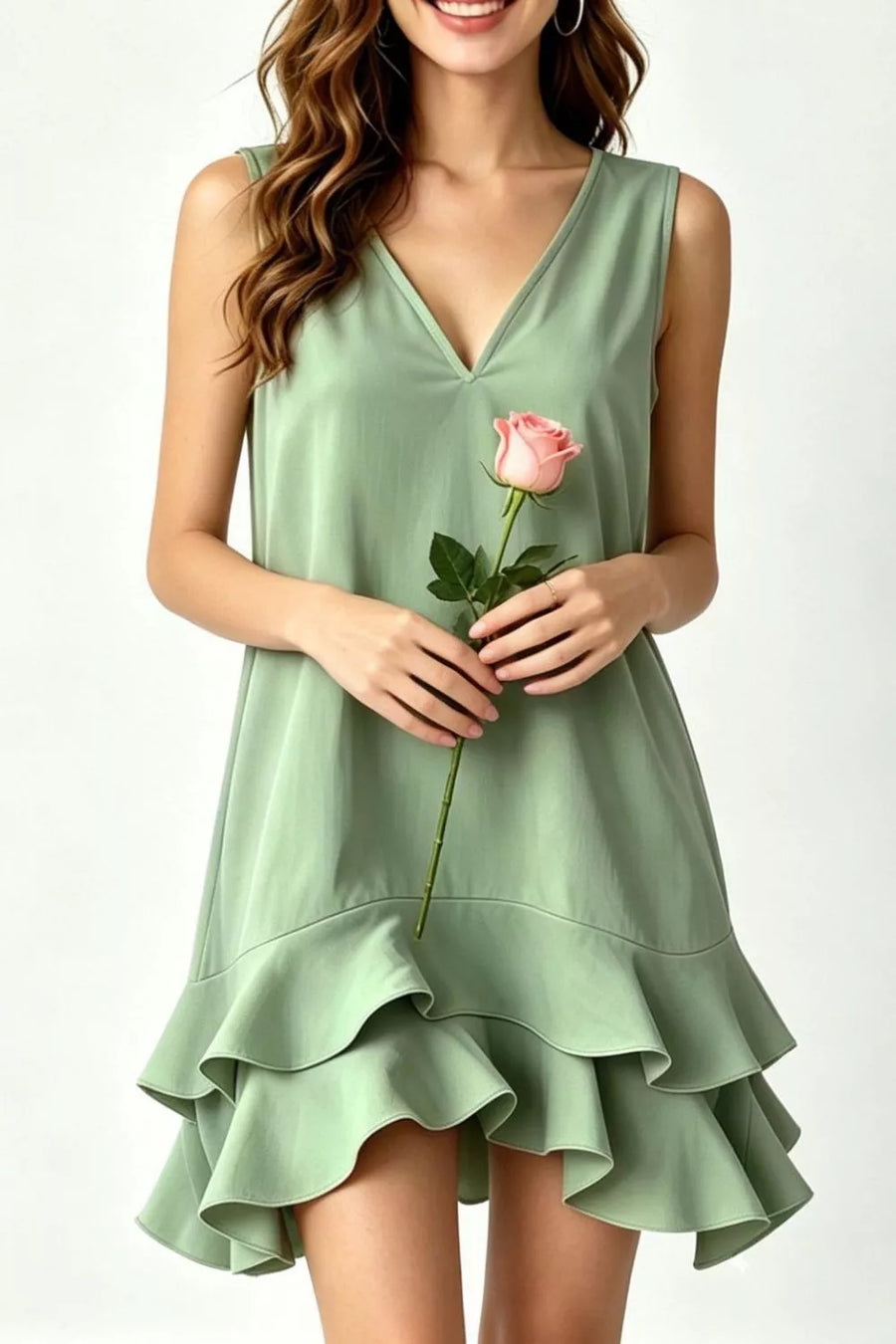 Sage tiered ruffle hem v-neck mini dress with a cotton blend fabric.