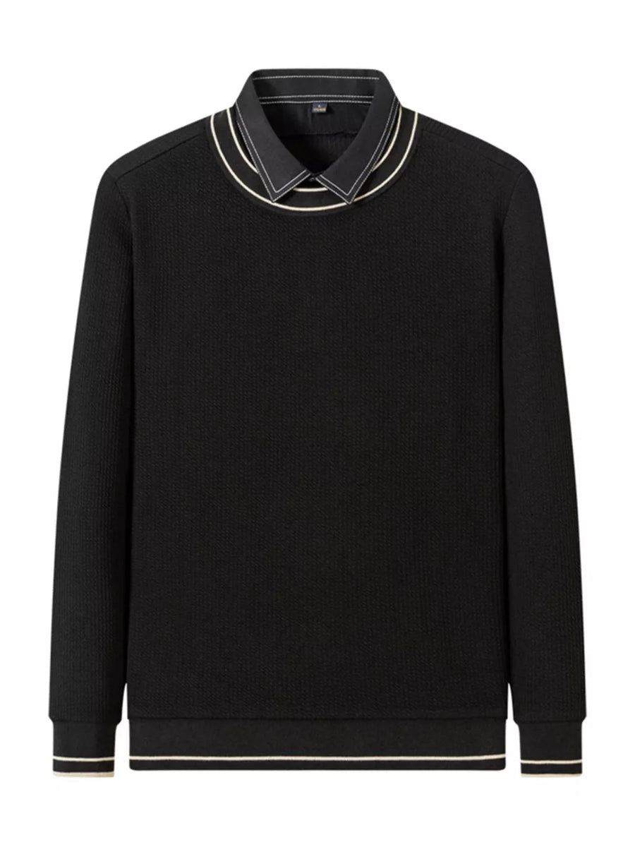 Black ribbed knit sweater with layered collar detail and striped cuffs.