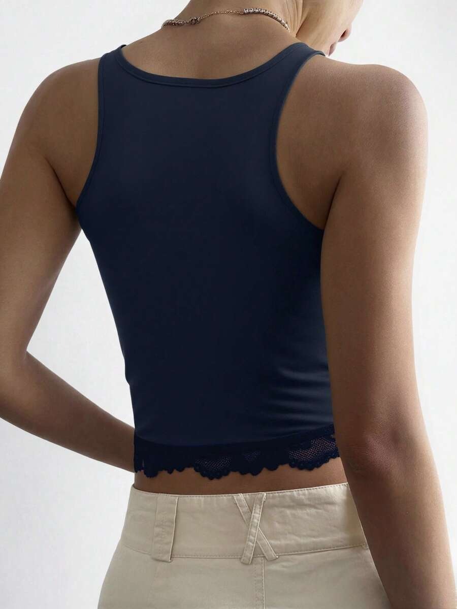 Lace Detail Wide Strap Tank in Black with lace detail