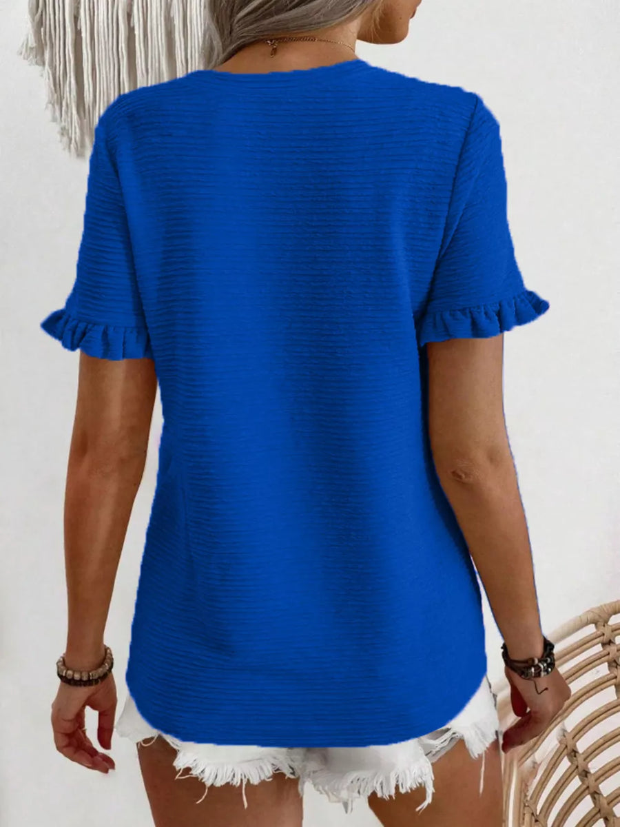 Blue textured t-shirt with ruffle short sleeves and a crew neck.