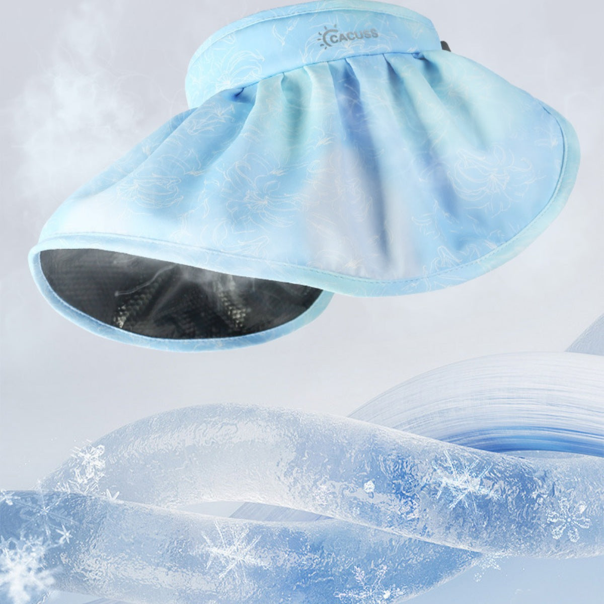 Blue pleated brim sun visor hat with floral pattern and mesh lining.