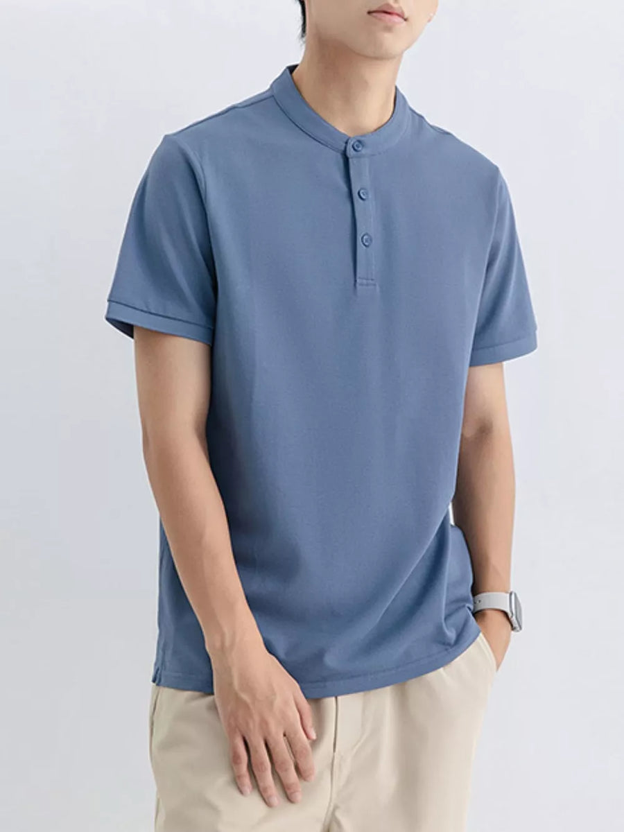 Men's blue gray cotton t-shirt with mandarin collar and button placket.