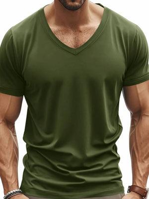 Army green V-neck t-shirt with a modern muscle fit and short sleeves.
