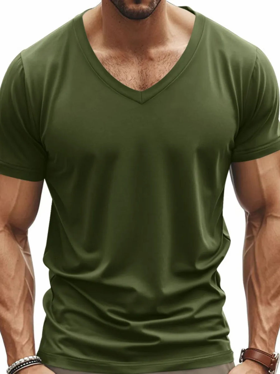 Army green V-neck t-shirt with a modern muscle fit and short sleeves.