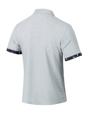 Grey waffle textured short sleeve polo shirt with bird print trim on sleeves