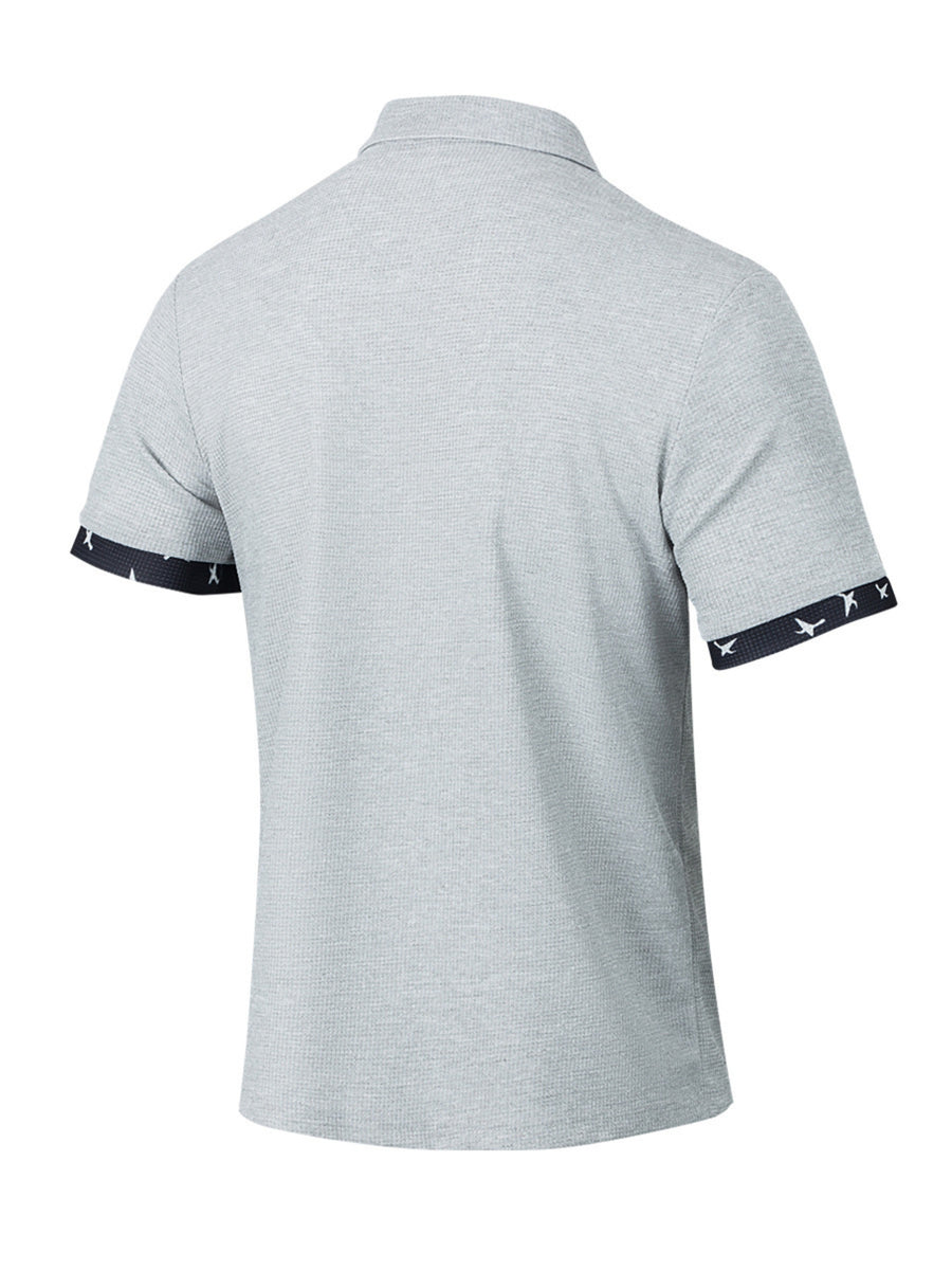 Grey waffle textured short sleeve polo shirt with bird print trim on sleeves