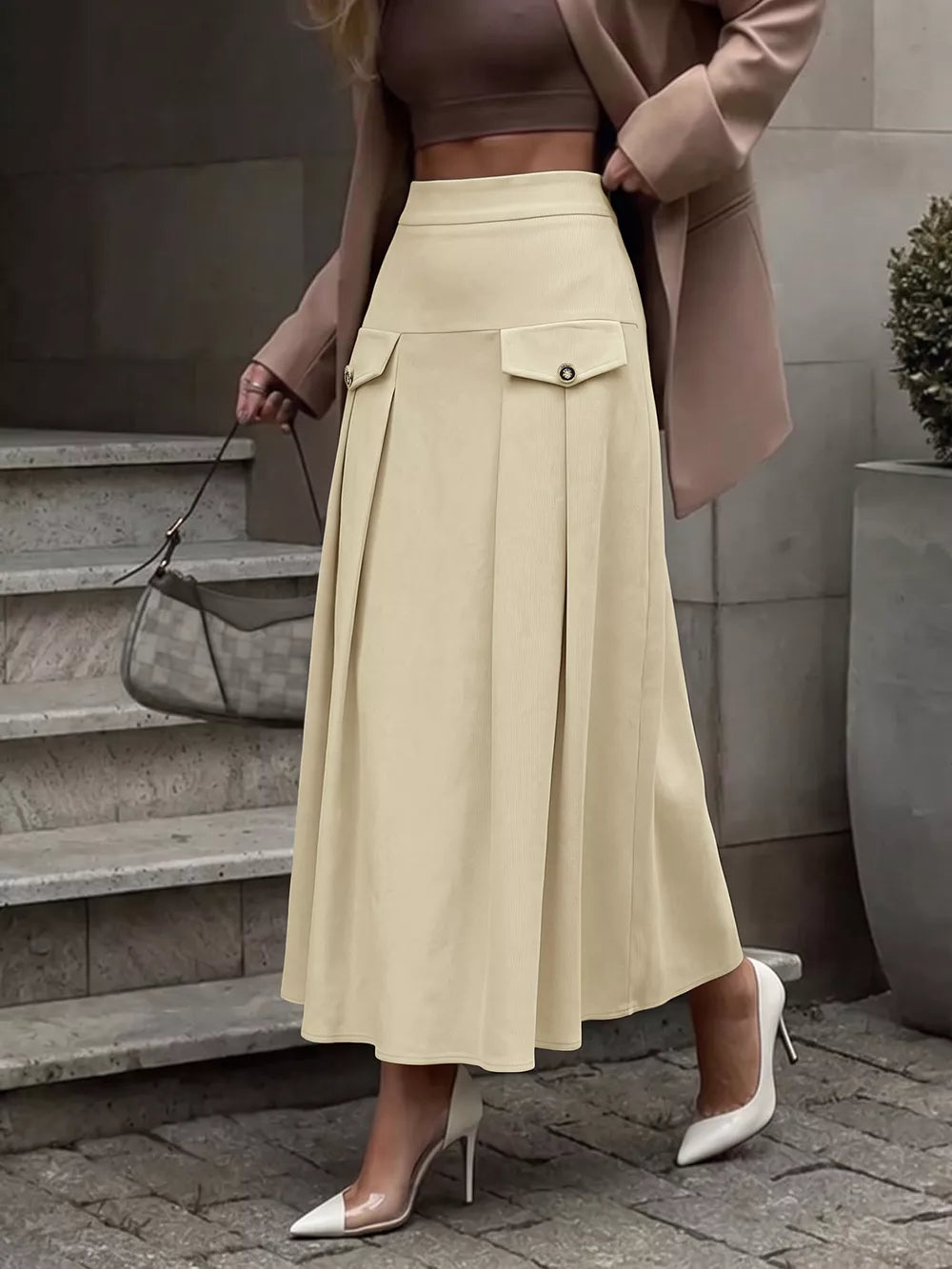 Khaki High Waist Pleated Midi Skirt