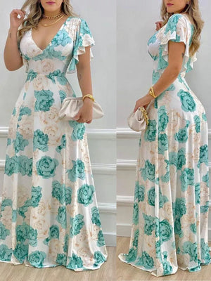 Floral V-neck maxi dress with ruffle sleeves in white with teal and cream flowers.