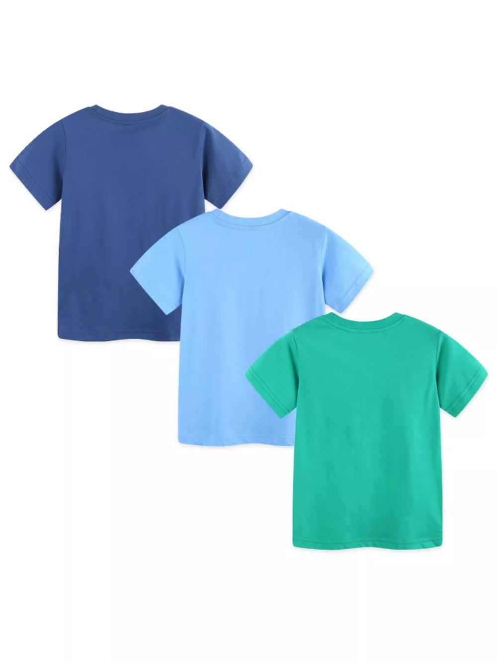 Toddler cotton t-shirts in blue, light blue, and green.