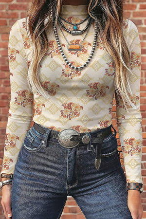 ivory blouse with floral and mock neck