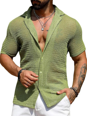 Open-knit resort shirt in Matcha Green with camp collar and short sleeves.