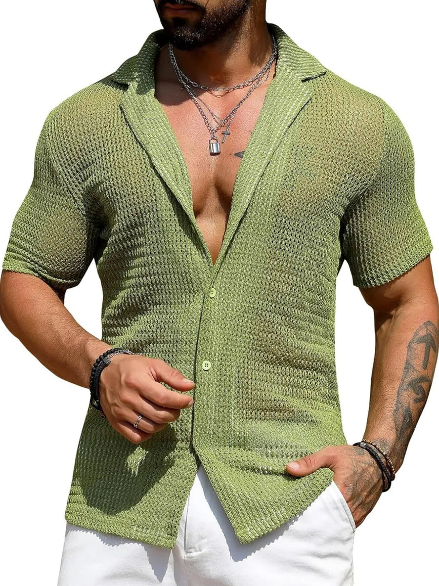 Open-knit resort shirt in Matcha Green with camp collar and short sleeves.