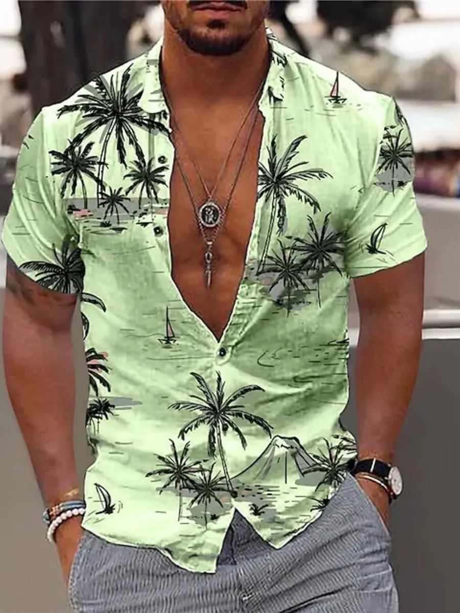 Men's light green button-down shirt with tropical palm tree and sailboat print.