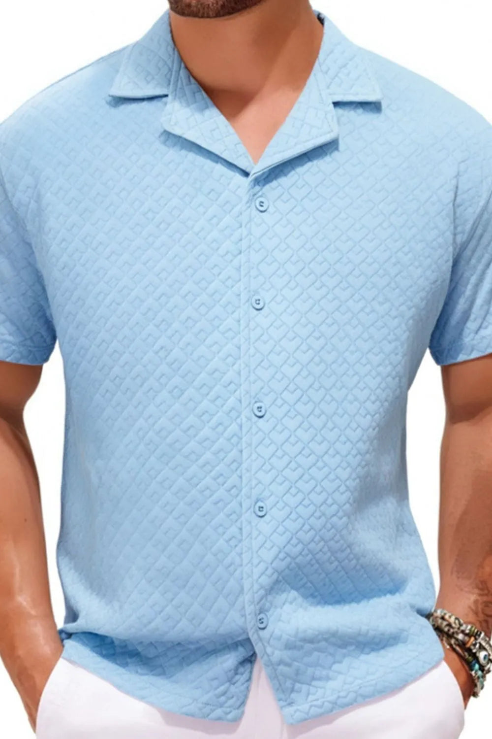 Light blue textured quilted camp collar short sleeve shirt