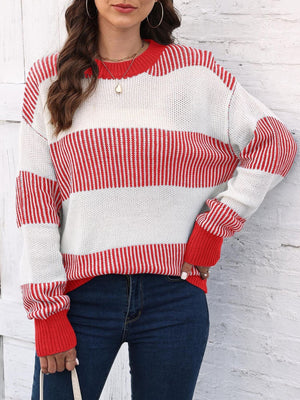 white pullover sweater featuring stretch and striped