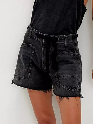 Drawstring Raw Hem Denim Shorts in Light Blue with raw hem