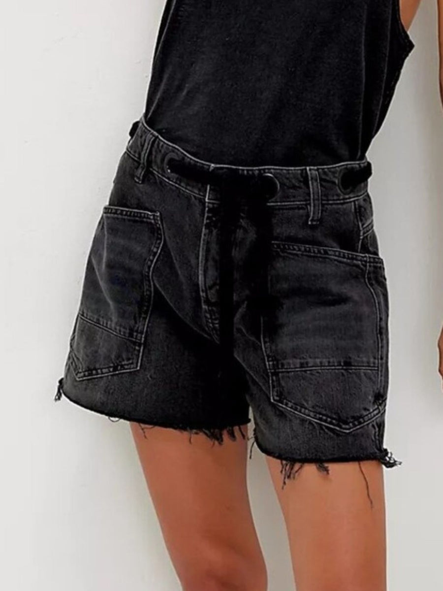 Drawstring Raw Hem Denim Shorts in Light Blue with raw hem