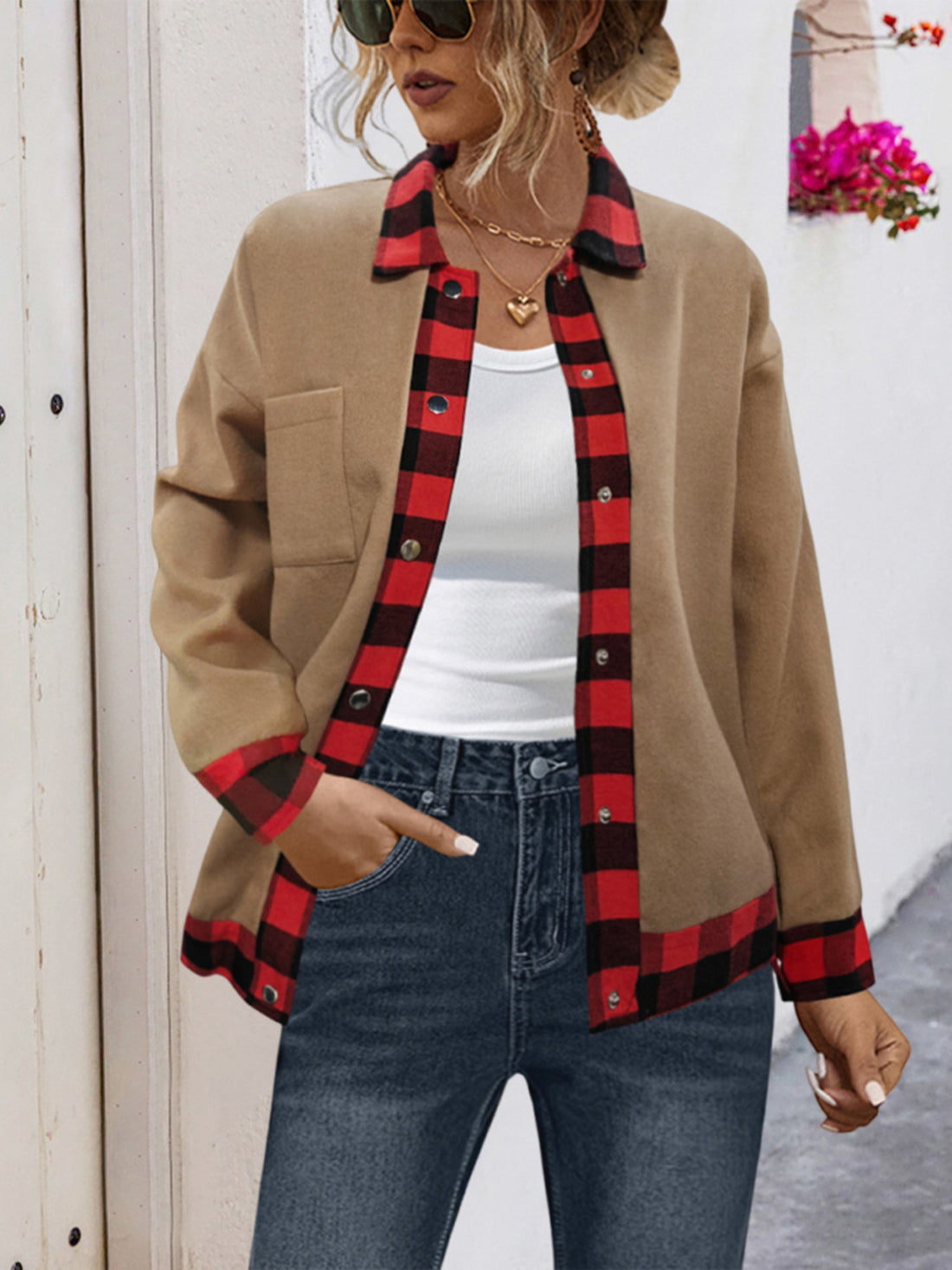 camel button-up shirt with plaid and collared