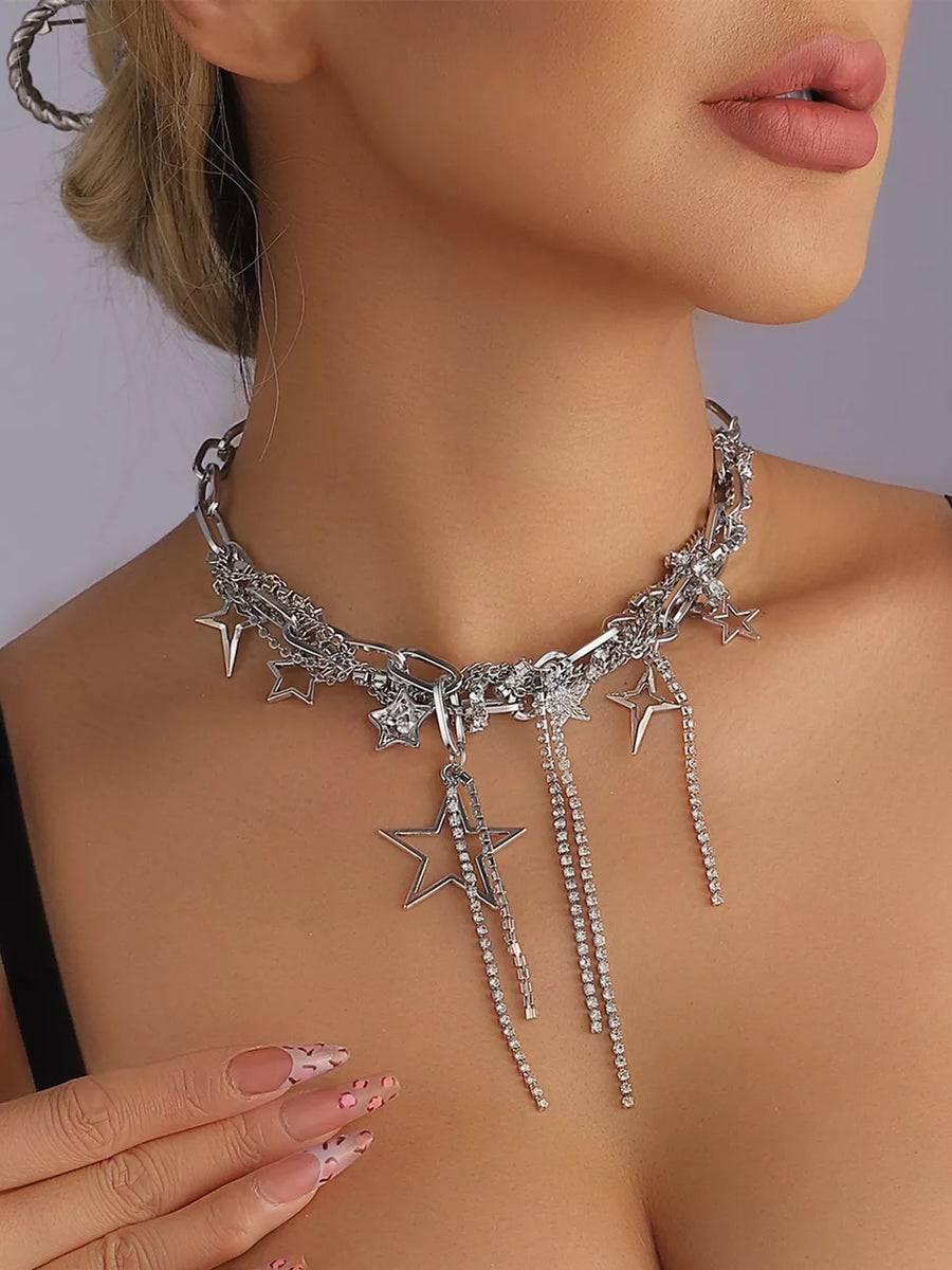 Silver Chunky Chain Star Tassel Necklace Alloy Silver