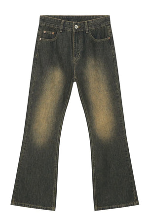 Faded wash bootcut jeans in olive brown with dip dye effect.
