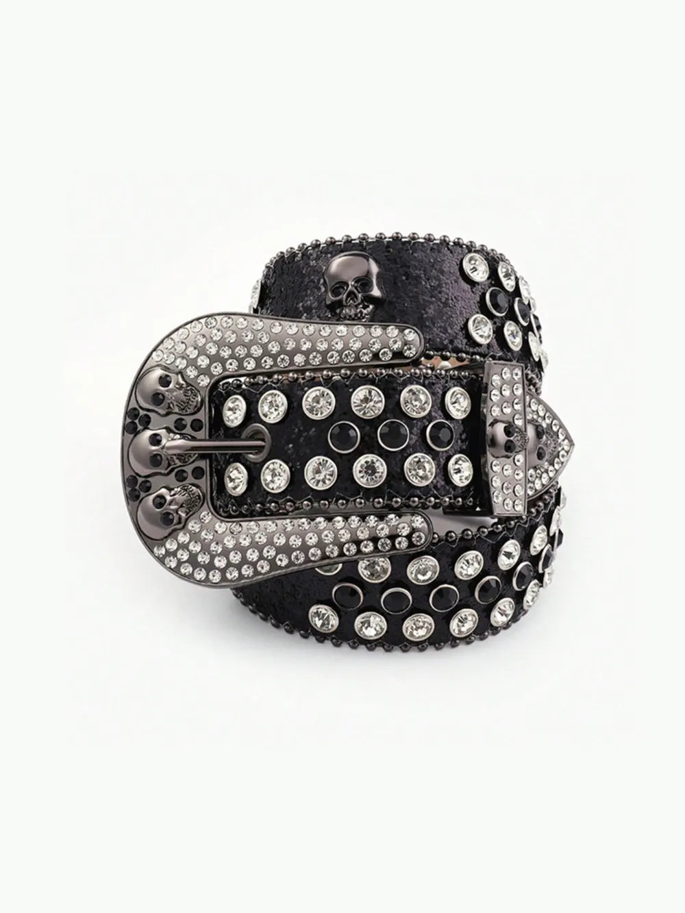 Black leather belt with crystal skull embellishments and a large crystal buckle.