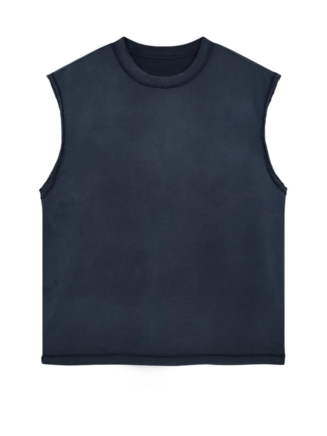 Navy washed cotton cut-off tank top with raw edges and crew neck.