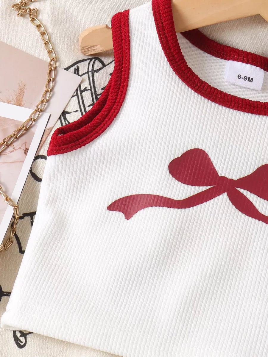 Children's Ribbed Bow Tank Top And Pants Set in 玫红色