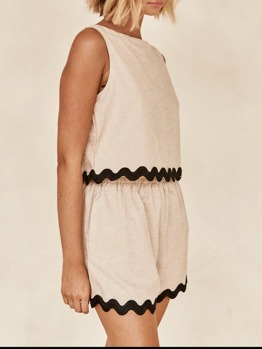 Tan linen tank and shorts set with black scalloped trim and elastic waist