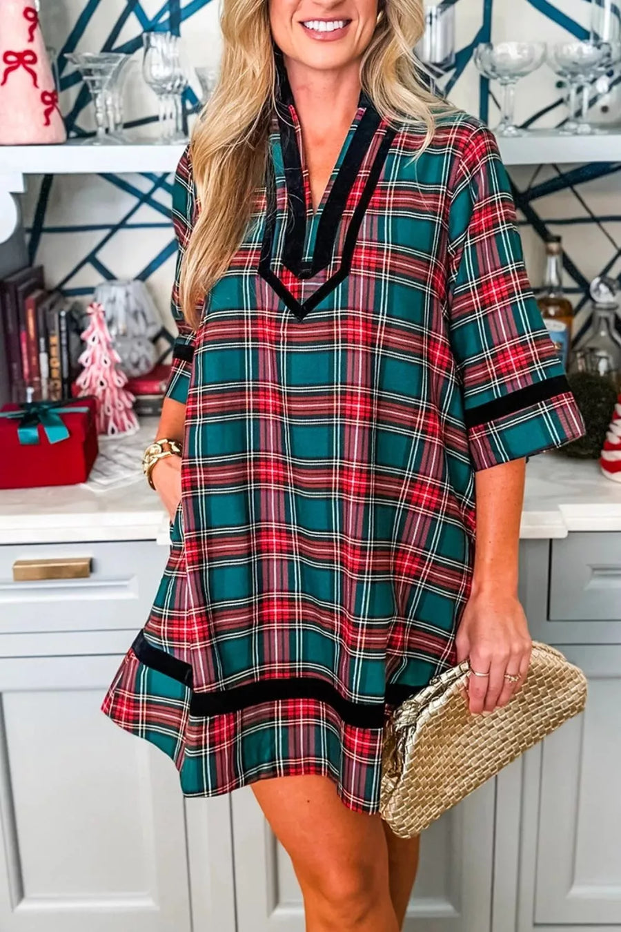 Plaid Velvet Trim Short Shift Dress option 5