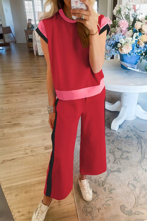 Red two-piece tee and wide-leg pants set with pink and black accents, crew neck, short sleeves
