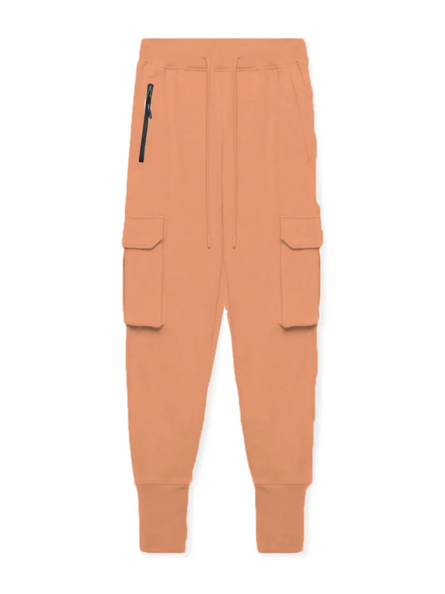 Tech-Knit cargo joggers in Sherbet with zip pocket and drawstring waist.