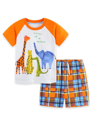 Baby cotton outfit with graphic tee featuring animals and plaid shorts.