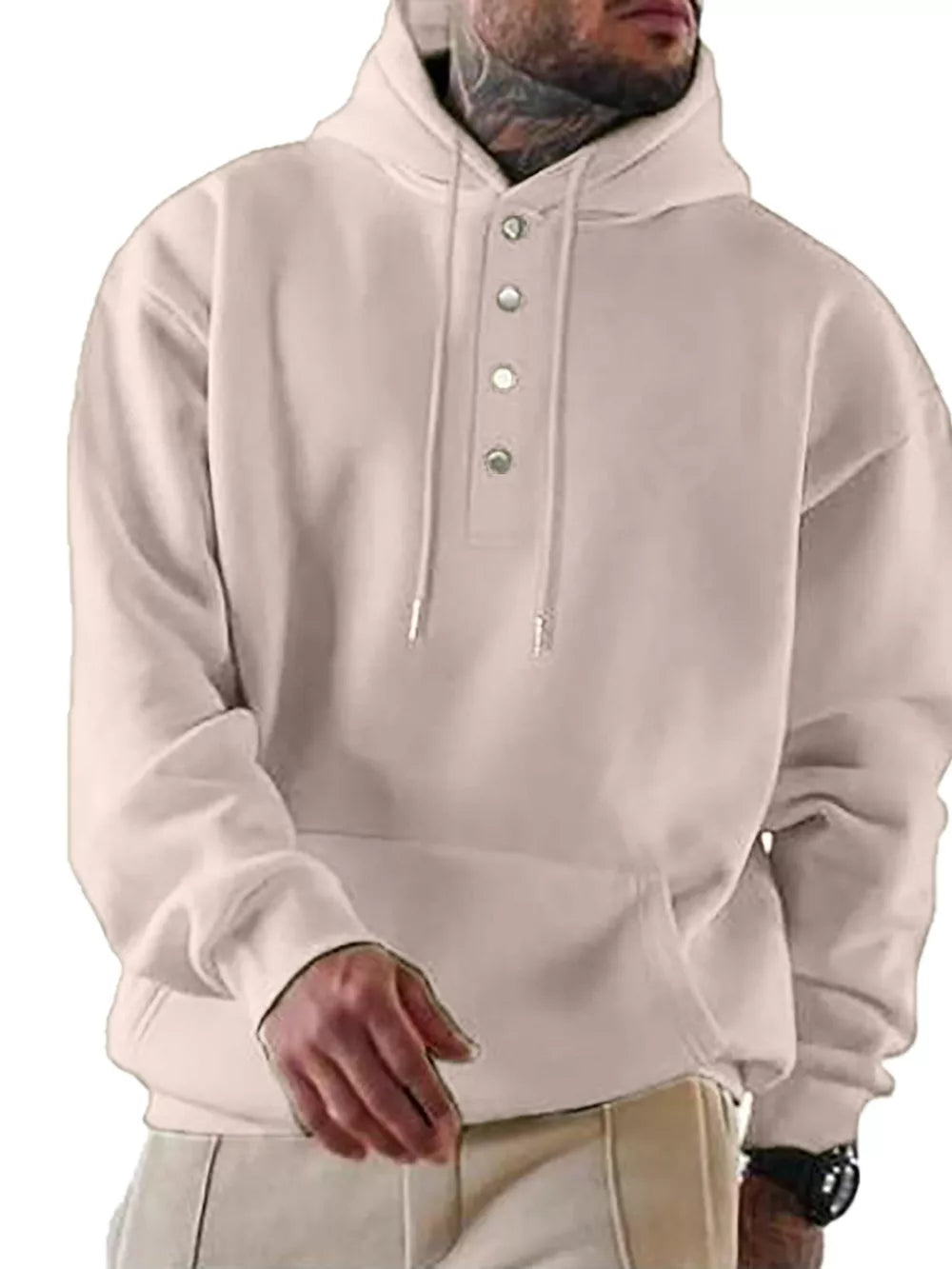 Beige cotton buttoned hoodie with drawstring hood and kangaroo pocket.