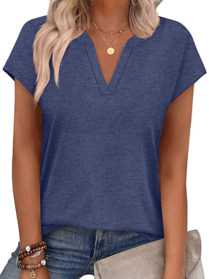 Blue heathered t-shirt with notched V-neck and short sleeves
