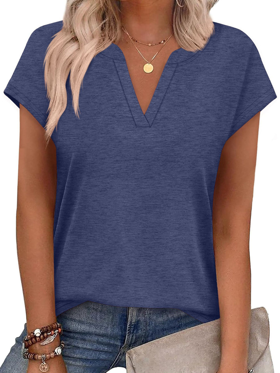 Blue heathered t-shirt with notched V-neck and short sleeves