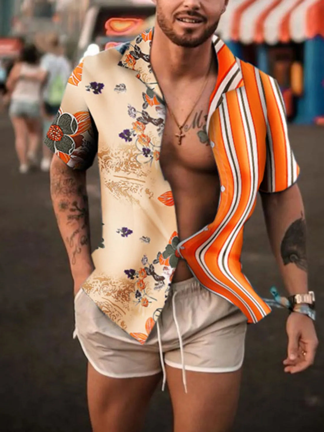 Split-panel resort shirt with floral and stripe patterns in tangerine.