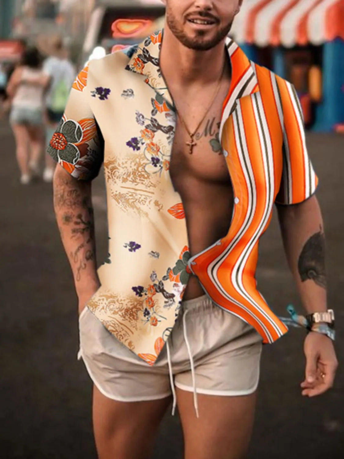Split-panel resort shirt with floral and stripe patterns in tangerine.